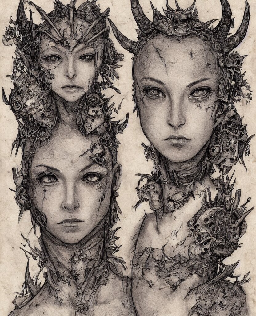 fantasy, symmetrical beautiful human face, front view, female humanoid creature, plant armour, wide intricate horned insect head piece covering forehead, button nose, full lips, muscular, large cute anime eyes, stylised, torso and head, bust, diagram, greys anatomy book, on old distressed parchment paper, watercolour, by brian froud and boichi 