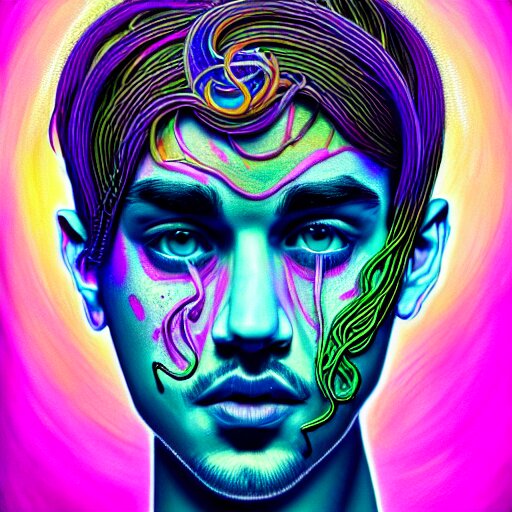 an extremely psychedelic portrait of jusyin bieber as medusa, surreal, lsd, face, detailed, intricate, elegant, lithe, highly detailed, digital painting, artstation, concept art, smooth, sharp focus, illustration 