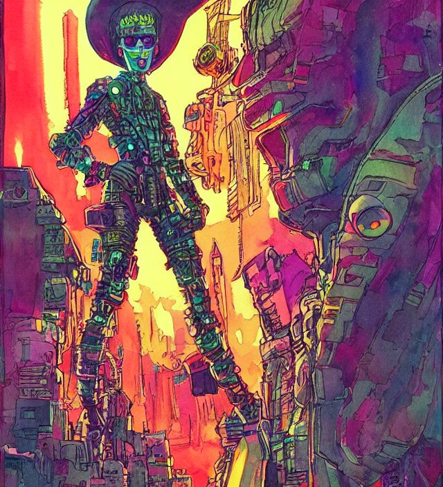 a watercolor ink painting of a cybernertic punk / raver in the style of jean giraud in the style of moebius trending on artstation deviantart pinterest detailed realistic hd 8 k high resolution 