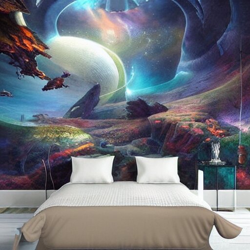 a cozy bedroom interior with wall murals of incredible fantasy space art, detailed, high resolution, wow!, intricate, volumetric lighting, raytracing 