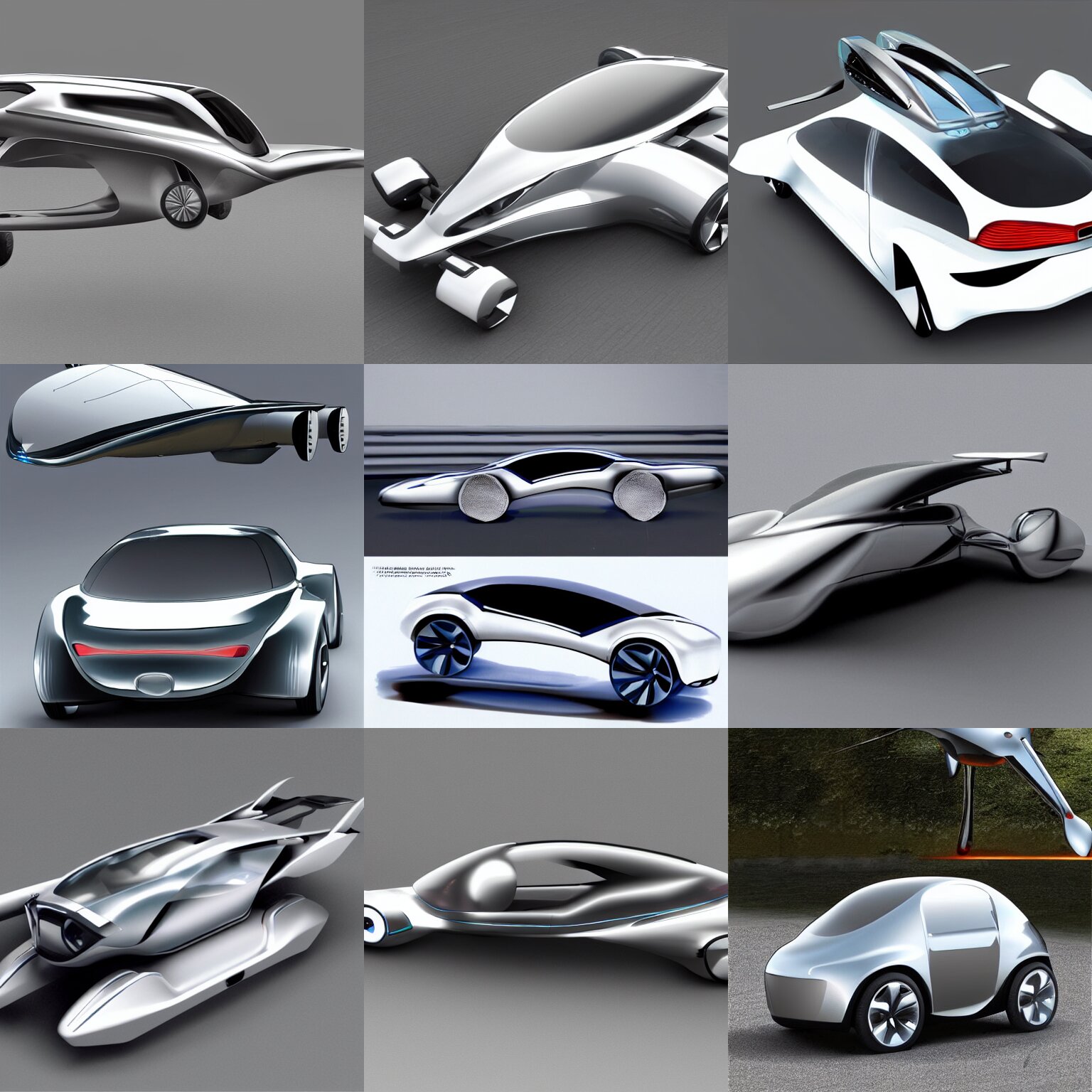 unmanned auto car that can fly, concept art, chrome plated 