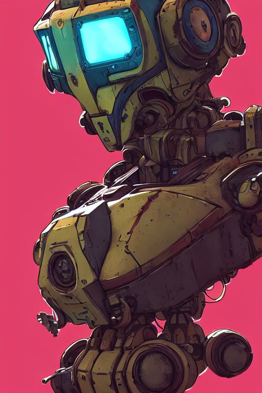 a study of cell shaded portrait of a mech robot as Borderlands 3 concept art, llustration, post grunge, concept art by josan gonzales and wlop, by james jean, Victo ngai, David Rubín, Mike Mignola, Laurie Greasley, highly detailed, sharp focus, alien, Trending on Artstation, HQ, deviantart, art by artgem