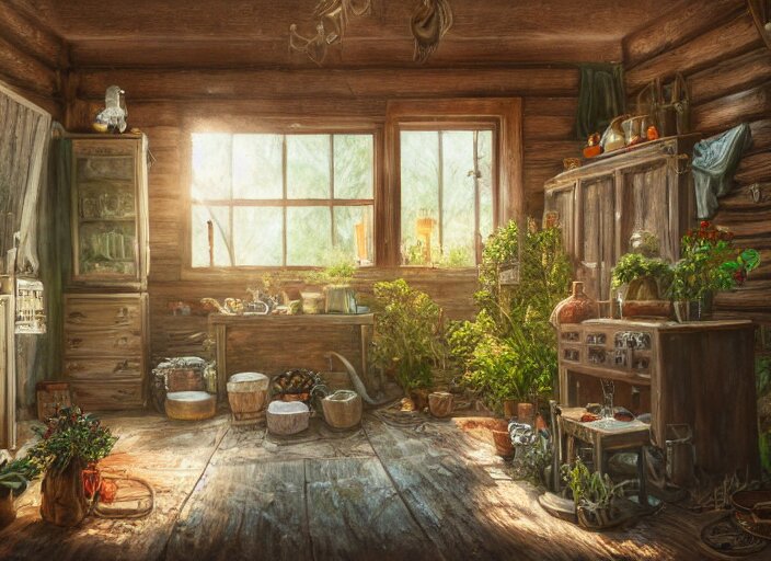 rustic oil painting, interior view of a cluttered herbalist cottage, waxy candles, wood furnishings, herbs hanging, light bloom, dust, ambient occlusion, rays of light coming through windows, oil painting