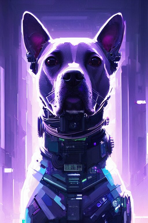 a beautiful portrait of a cute cyberpunk dog by greg rutkowski and wlop, purple blue color scheme, high key lighting, digital art, highly detailed, fine detail, intricate, ornate, complex 