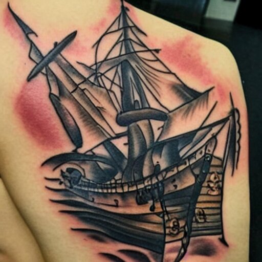 A pirate ship tattoo design in the design of Dmitriy Samohin