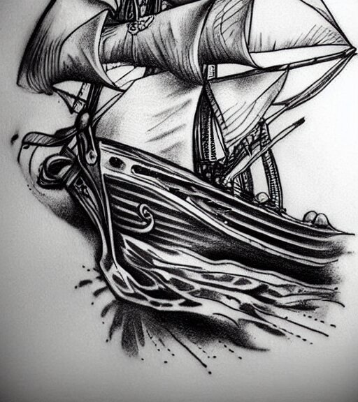 A realistic tattoo design sketch of a pirate ship, white background, black and white, highly detailed tattoo, realistic tattoo, realism tattoo, beautiful shades