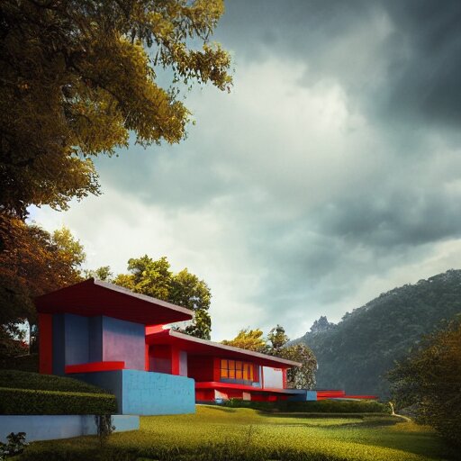 modernist house inspired by a tibetan palace on a hill, big green trees, colorful clouds, dramatic lighting, artstation, matte painting, raphael lacoste, simon stalenhag, frank lloyd wright, zaha hadid 