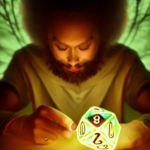 a mythical forestmancer god rolling a d 6 dice, glowing energy, fantasy magic, by willian murai and jason chan, dramatic lighting, golden ratio, sharp focus 