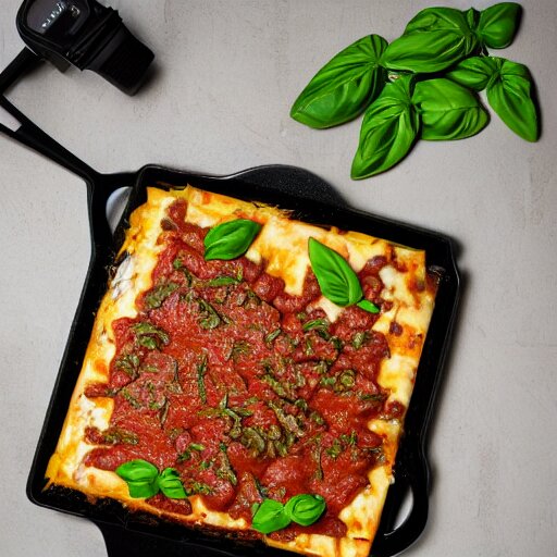 studio photography of a platypus cooking a lasagna with three basil leaves over the lasagna 