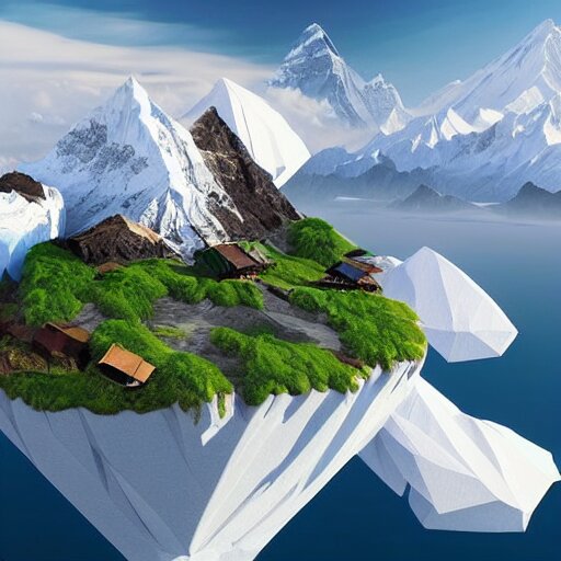 a beautiful floating island with everest landscape isometric art, low poly art, game art, artstation, 3D render, high detail, cgsociety, octane render, sharp focus