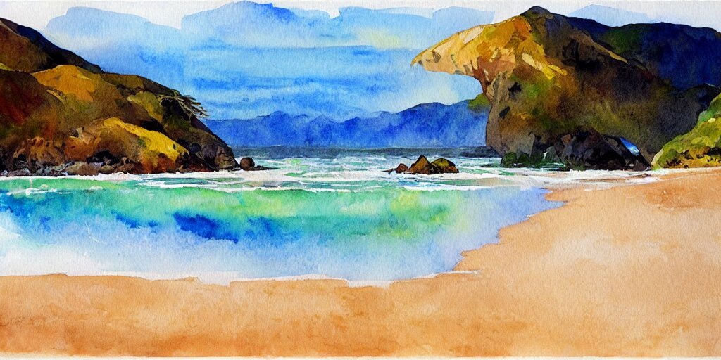 golden bay new zealand, abel tasman, colorful watercolor painting, trending on artstation