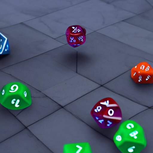 rol game players throwing d 2 0 dice. unreal engine 5. octane render. vray. arnold. maya. 1 8 mm lens. low angle, wide lens. trending on artstation. vegas. depth of field. colorful. d & d. 