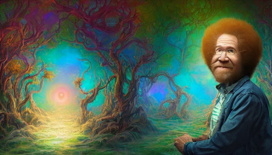 bob ross on a psychedelic trip with an open mouth and glowing eyes, staring, close - up, deep focus, extremely detailed digital painting, vibrant colors, in the style of tomasz alen kopera and fenghua zhong and peter mohrbacher, mystical colors, rim light, beautiful lighting, 8 k, stunning scene, raytracing, octane, trending on artstation 