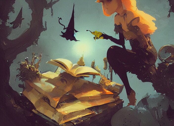 a little witch opening a book of magic art by craig mullins, james gilleard, by joe fenton, by greg rutkowski, by greg tocchini, by kaethe butcher, 4 k resolution, gradient yellow, black, brown and cyan color scheme, grunge aesthetic!!! 