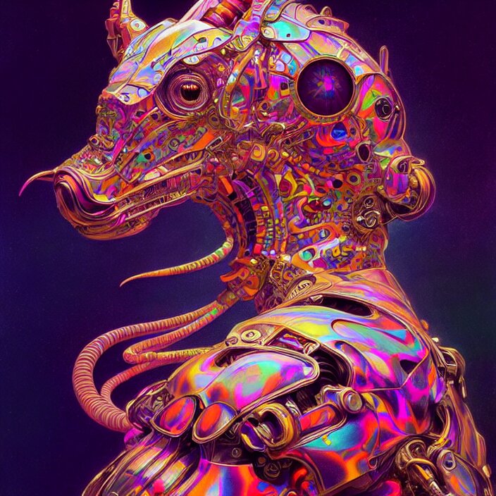 bright psychedelic animal cyborg, diffuse lighting, fantasy, intricate, elegant, highly detailed, lifelike, photorealistic, digital painting, artstation, illustration, concept art, smooth, sharp focus, art by John Collier and Albert Aublet and Krenz Cushart and Artem Demura and Alphonse Mucha