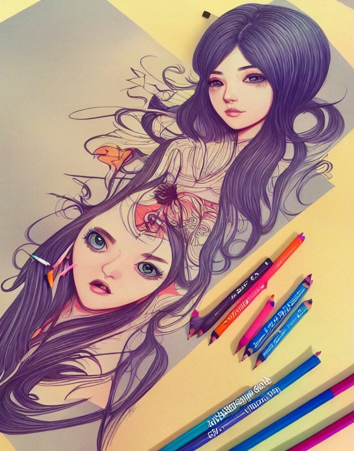 richly detailed color  illustration of a female stupid drawing demented doodles on her school work while in class alone after school, large format image. illustrated by Artgerm. 3D shadowing.