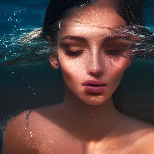 alluring portrait woman made of glass emerging out of the ocean at sunset, realistic reflections, translucency, ray tracing, 3 - d render, intricate details, masterpiece, surreal, style of jovana rikalo 