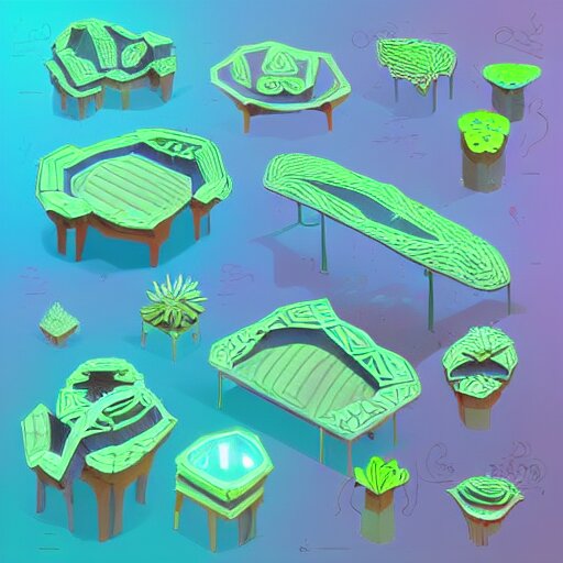 concept art 2 d game asset of furniture with an organic isometric design based on bioluminescent alien - like plants inspired by the avatar's bioluminescent alien nature. around the furniture, we can see plants that glow in the dark. all in isometric perspective and semi - realistic style item is in a black background colorful neons surrealistic masterpiece 