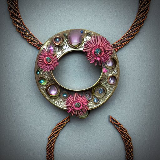 intricate! organic, nordic wedding ring, necklace, gemstones, isolated on a dreamy floral background, refraction, occlusion, lower and upper levels, keyshot render, octane render, vray render 