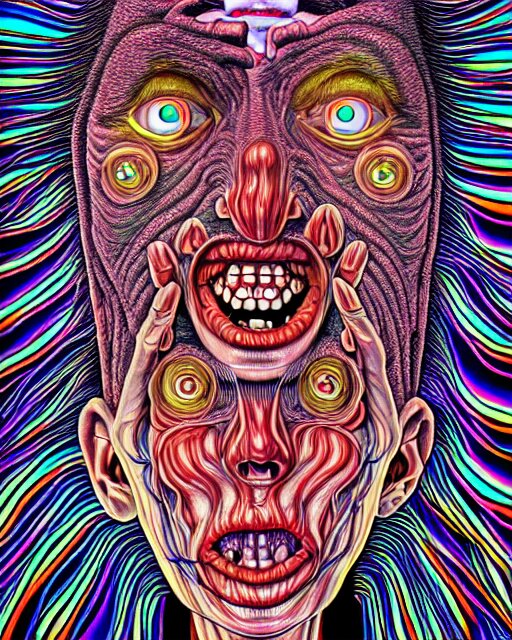 Human Body breaking away, Conjuring Psychedelic Illustration, part by Shintaro Kago, part by Alex Gray, ultra realistic, highly detailed, 8k, symmetry, grotesque, vibrant,
