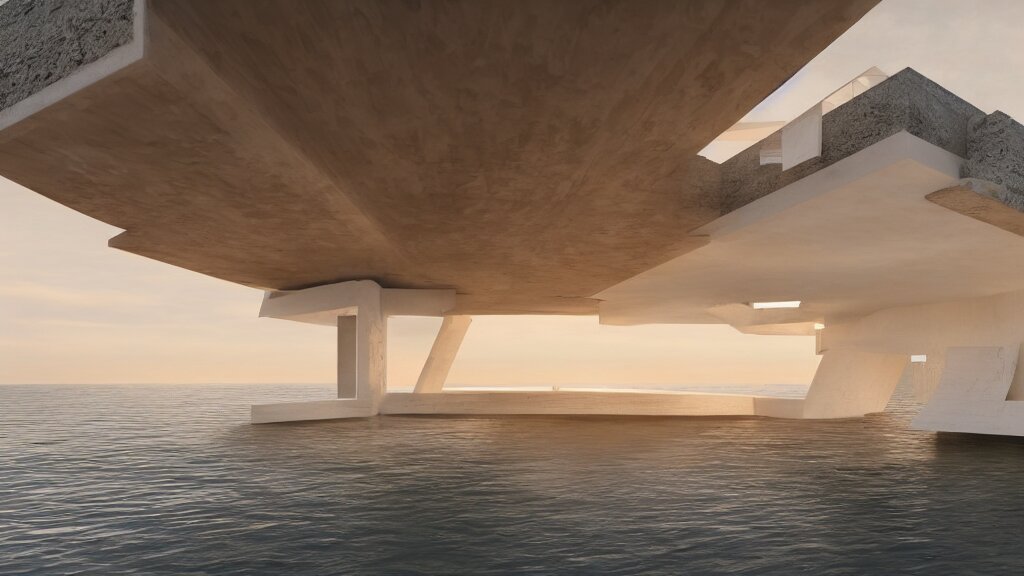 modern concrete house built in the ocean, futuristic accents, golden hour, 4 k, built by frank lloyd wright, concept art 