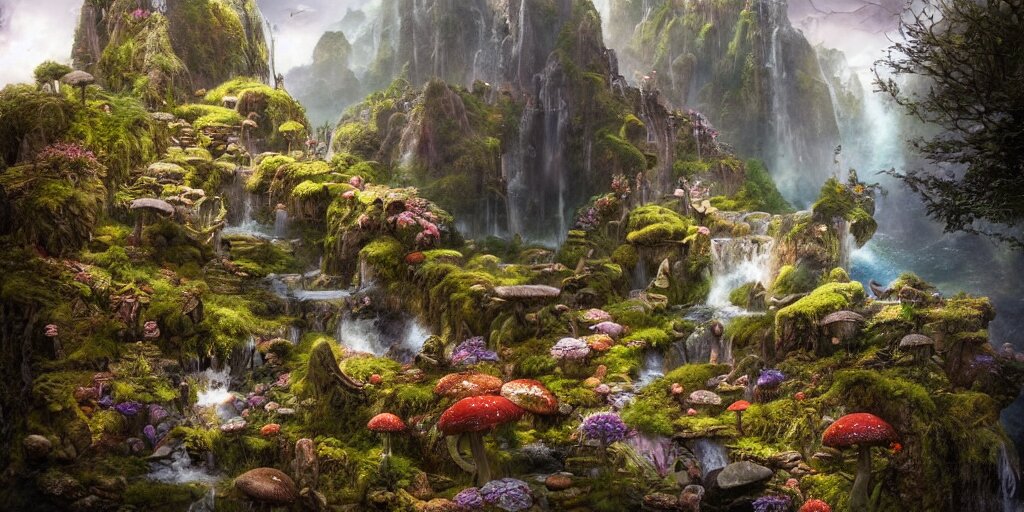 fairyland scenery landscape, lord of the rings, waterfalls, monoliths, flowers, mushroom structures, moss highly detailed, vivid color, perfect lighting, perfect composition, 8 k, brian froud, artgerm, derek zabrocki, greg rutkowski 