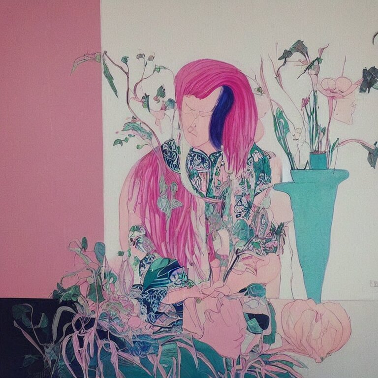 “art in an Australian artist’s apartment, organic, portrait of women, pink and blue hair, lesbian, ikebana, Japanese pottery, sacred feminine, womanhood”