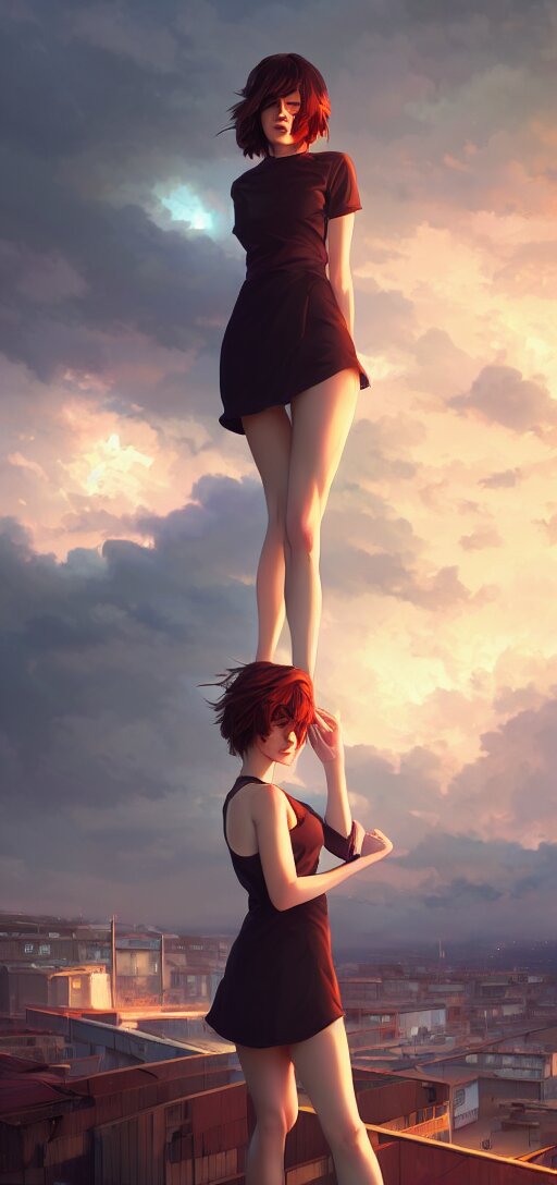 a beautiful british woman with short brown hair, gentle, somber amber eyes, standing on a rooftop, storm in the distance, basic clothing, digital art by makoto shinkai ilya kuvshinov and wojtek fus, digital art, concept art, 