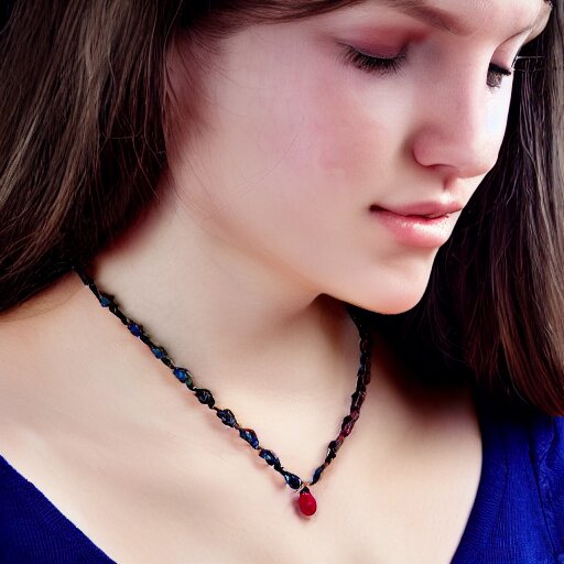 necklace on a young beautiful woman neck, hyper realistic, 