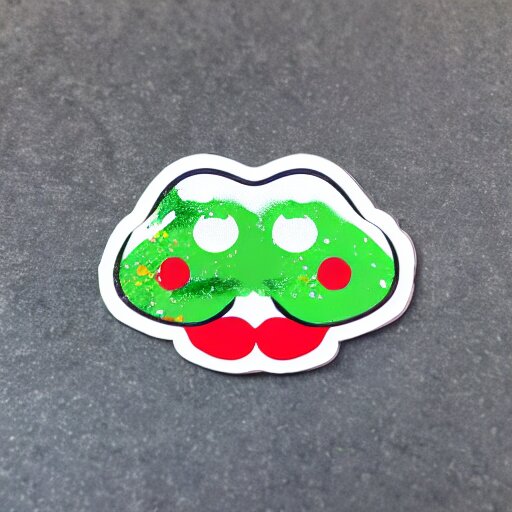 die cut sticker, yoshi wearing mario's mustache, splatter paint 