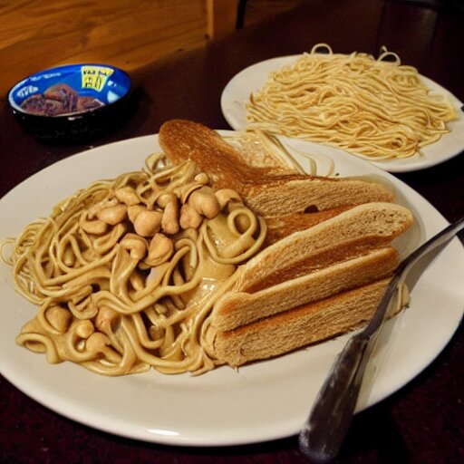 peanut butter and noodles on toast fat tabby cat watching over the food 