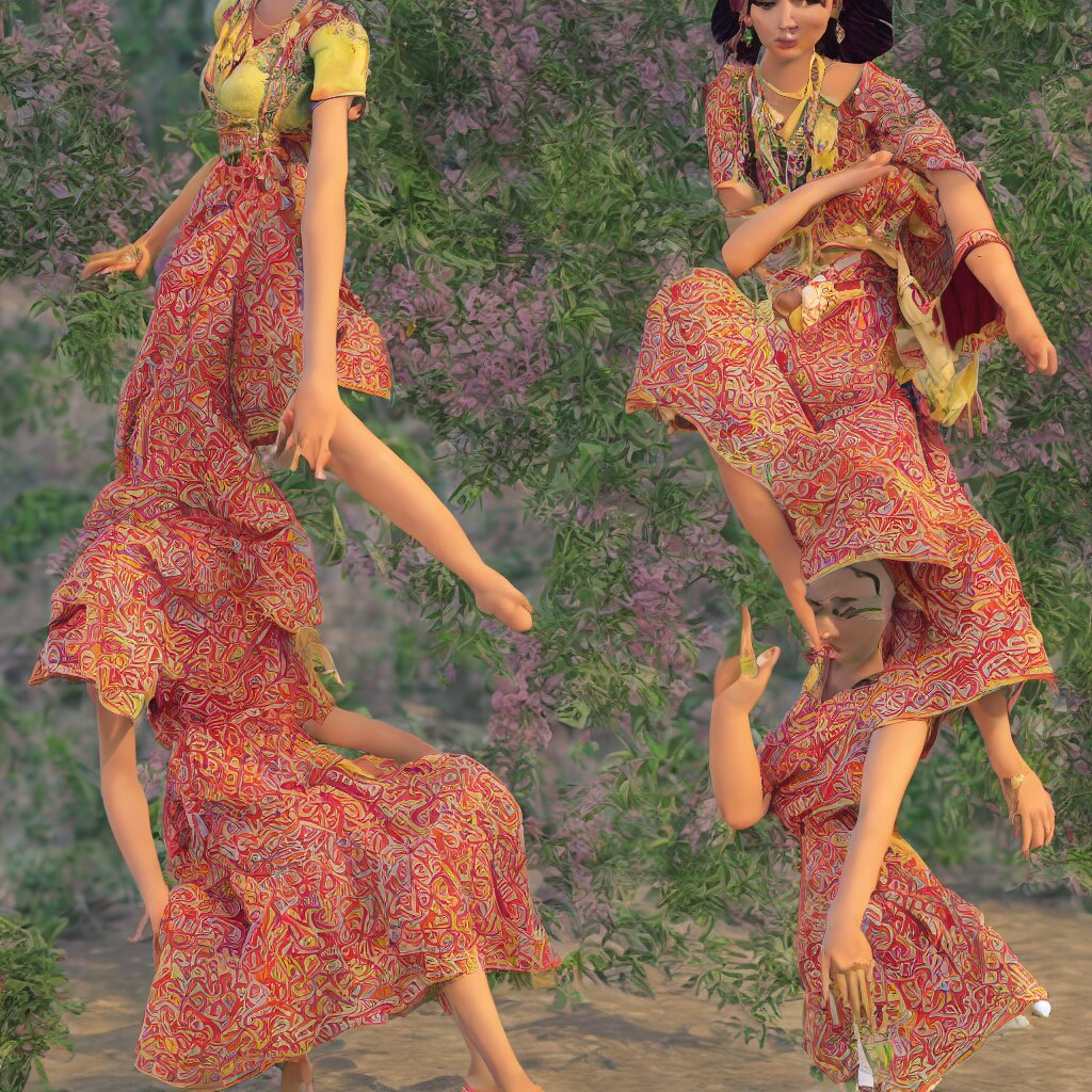 beautiful summer assamese mekehela bihu style floral gamosa dress ; flirtatious, boho - chic, sleeveless, elegant, short skirt length, slimmer demeanor, plethora of colors ; mini dress, highly detailed cute face by wlop ; octane render, unreal engine 5, trending on artstation, 8 k, symmetrical, cinematic, high coherence, hdr fabric textures 