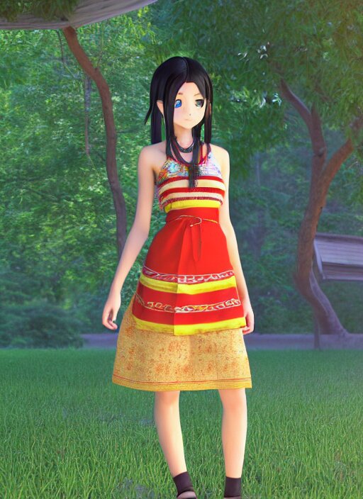 beautiful anime girl wearing summer assamese mekehela bihu style floral gamosa dress ; flirtatious, boho - chic, sleeveless, elegant, short skirt length, slimmer demeanor, plethora of colors ; mini dress, highly detailed cute face by wlop ; octane render, unreal engine 5, symmetrical, high coherence, hdr fabric textures 