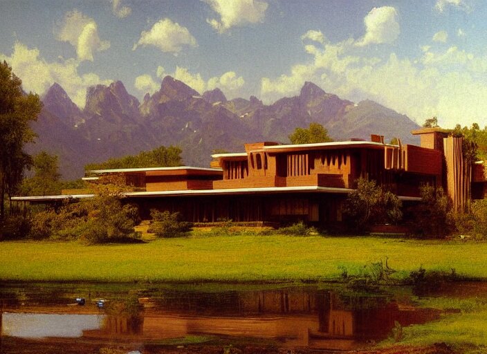 painting of a frank lloyd wright house in front of beautiful mountains by albert bierstadt 