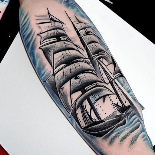 a pirate ship sailing in the sea, realism tattoo design with amazing shades, clean white paper background, in the style of david vega