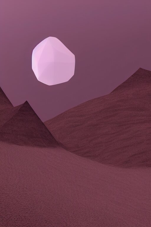 geometric 3 d render, dark color palate, mountains with a crescent moon stars 