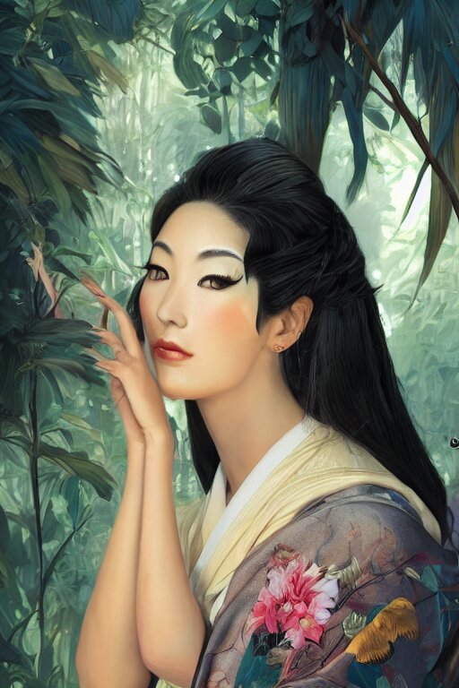 stunningly beautiful, peruvian geisha prima ballerina in jungle, symmetrical face, golden hour, smooth, focus, highly detailed, hyper realistic, dramatic lighting, elegant, intricate, concept art, art by wlop, mars ravelo, greg rutowski, artstation 