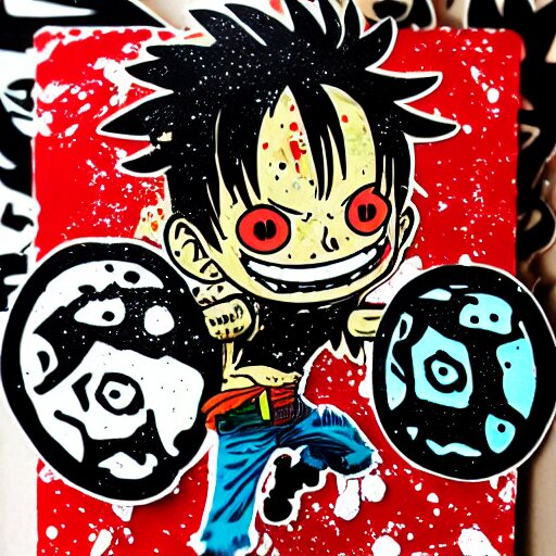 die cut sticker, luffy is joyboy, splatter paint on paper 