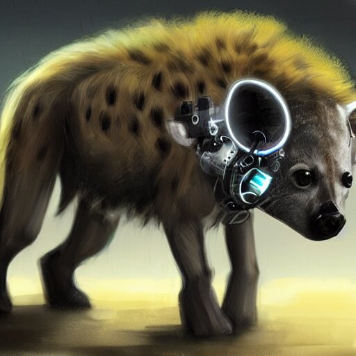 very cute baby cyborg hyena, realistic concept art, cyberpunk 