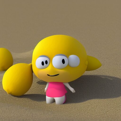 a supercute lemon cartoon character, that is fit and good looking, it's is relaxing on a beach, inspired by dalle - 2, octane render, 3 d, volumetric lightening, 