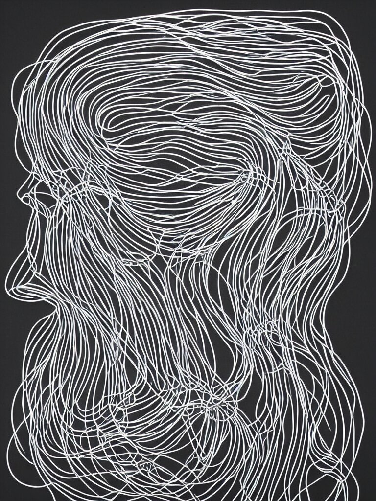 elegant minimalist metal wire art of symmetrical and emotional dramatic female facial features and silhouette, influenced by one line drawings, curves, twirls and spirals 