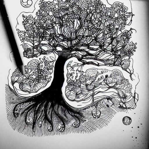 black and white ink doodle illustration of an ancient tree floating in outer space, overgrown with funghi, style by peter deligdisch, peterdraws 