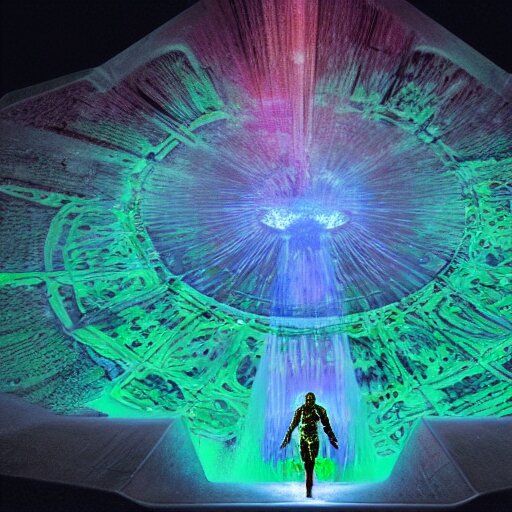 A space wizard stand in front of giant, glowing crystal sits in the center of a dark room, Strange symbols line the walls, and a soft light glows from somewhere deep within the room, highly detailed, digital photo, HDRI, by christopher bretz and kael ngu, vivid colors, high contrast, 8k resolution, intricate, photorealistic, smooth, psychedelic color scheme, concept art, award winning, cg society contest winner