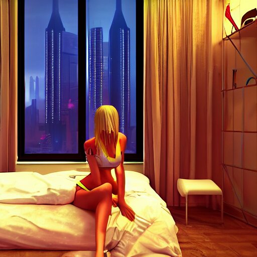 « inside a girl room, cyberpunk vibe, neon glowing lights, sharp focus, photorealistic, unreal engine 5, girl in the bed, window that shows the skyscrapers in the background » 