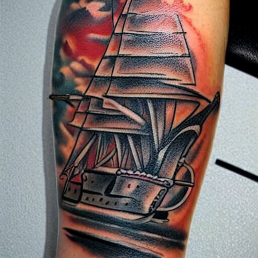 A pirate ship tattoo design in the style of Dmitriy Samohin, hyper realistic tattoo