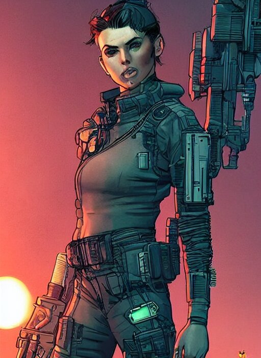 feminist selina. gorgeous female cyberpunk assassin wearing a military vest, and tactical jumpsuit. gorgeous face. realistic proportions. concept art by james gurney and laurie greasley. moody industrial skyline. artstationhq. creative character design for cyberpunk 2 0 7 7. 