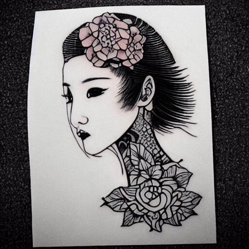 tattoo design, stencil, stencil on paper, tattoo stencil, traditional, beautiful portrait of a traditional Japanese girl with flowers in her hair, upper body, by artgerm, artgerm, artgerm, digital art, cat girl, anime eyes, anime, sexy, super model-s 100