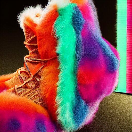 poster nike shoe made of very fluffy colorful faux fur placed on reflective surface, professional advertising, overhead lighting, heavy detail, realistic by nate vanhook, mark miner 