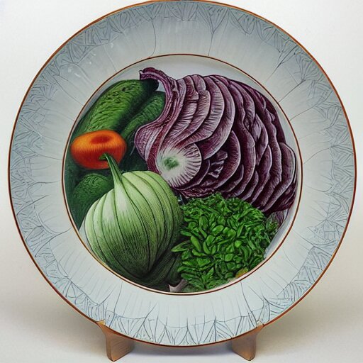 a beautiful plate of vegetables, by junji ito, by laurie lipton, by bernie wrightson, masterpiece, stunning, hyper realistic, lots of colours, 8 k 