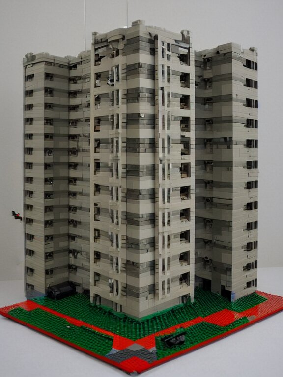 detailed lego!!!!!!!!!! miniature diorama!!!!!! a soviet residential building!!!!!!!!!, brutalism!!!!!! architecture, lights are on in the windows, car parking nearby, elderly man passing by, dark night, cozy and peaceful atmosphere, fog!!!!!!!, cold winter, snowing, streetlamps with orange light, several birches nearby 